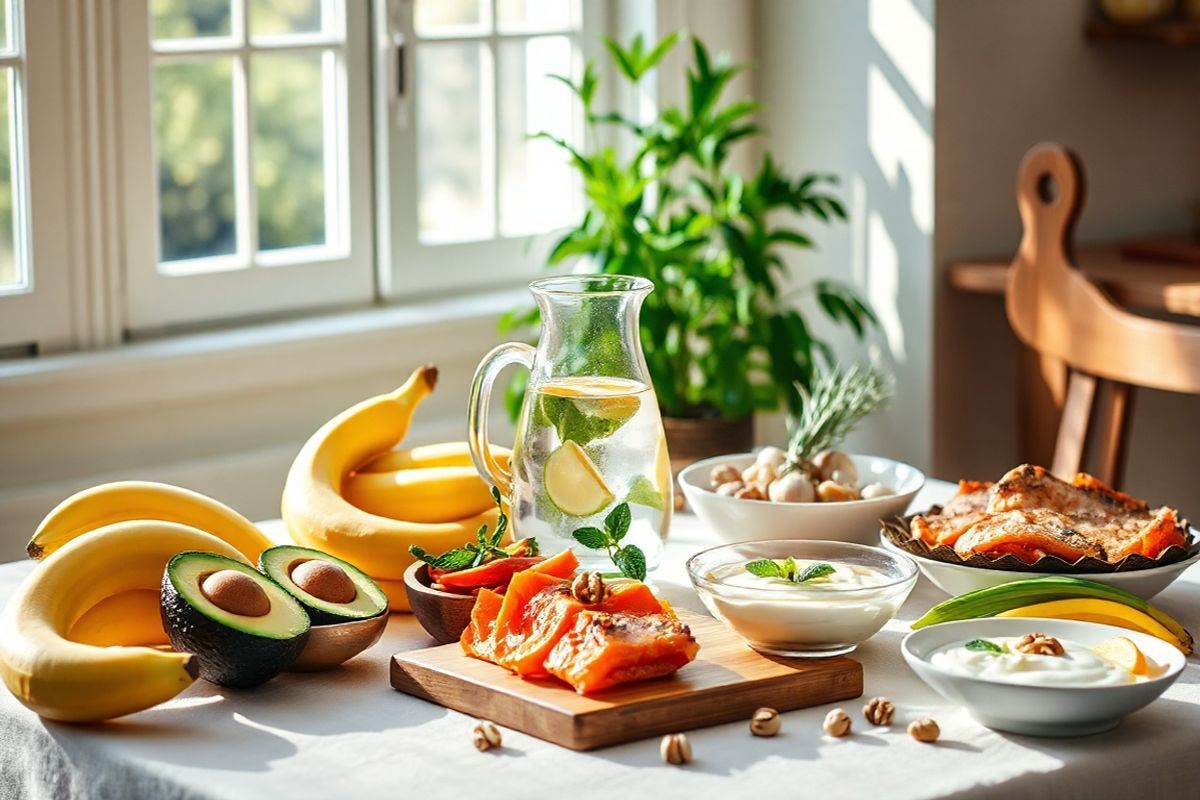 A beautifully arranged dining table is set against a soft, natural light streaming through a large window, casting gentle shadows. The table is adorned with an array of vibrant, whole foods: a colorful assortment of fresh, low-fiber fruits like ripe bananas, smooth avocados, and bright orange cooked carrots. Surrounding these are elegant bowls of lean proteins, such as grilled chicken and flaky salmon, alongside a small dish of creamy yogurt with live cultures, sprinkled with a few walnuts. A glass pitcher filled with refreshing water, infused with slices of lemon and sprigs of mint, sits prominently at the center. The background features a lush green plant, symbolizing health and vitality, while a rustic wooden cutting board holds a few herbs, enhancing the homey, warm atmosphere. The overall composition radiates a sense of wellness and balance, inviting the viewer to embrace a nourishing lifestyle that supports both gut health and emotional well-being. The colors are rich and inviting, with a focus on the natural textures of the food, creating a photorealistic look that emphasizes freshness and healthfulness.
