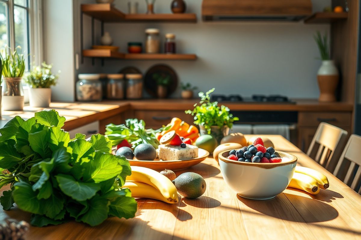 A photorealistic image depicting a serene kitchen scene with a wooden dining table at the center, adorned with a colorful spread of healthy foods. The table features a variety of fresh ingredients, including vibrant green leafy vegetables, ripe avocados, bananas, and a bowl of yogurt topped with berries, emphasizing the importance of a gut-friendly diet. Sunlight streams through a nearby window, casting soft shadows and illuminating the textures of the food, creating a warm and inviting atmosphere. In the background, there are jars of spices and dried herbs on open shelves, along with a small potted plant, symbolizing the connection between nature and health. The kitchen itself has a rustic charm, with wooden cabinetry and a hint of greenery from herbs growing on the windowsill, reinforcing the theme of nourishment and well-being. This image encapsulates the essence of mindful eating and the significance of dietary choices in managing health, particularly for those with ulcerative colitis, while also highlighting the intricate relationship between food, mood, and overall mental well-being.