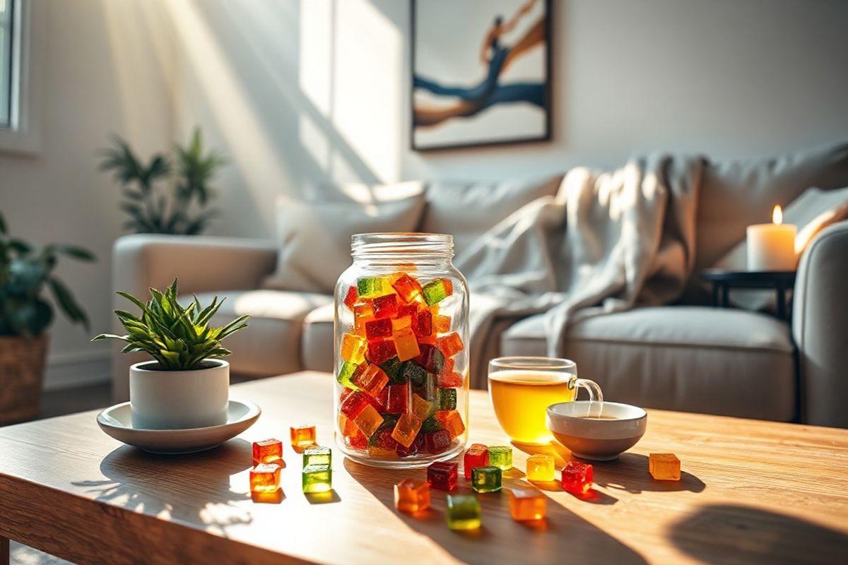 A photorealistic image depicting a serene, inviting scene in a cozy living room. In the foreground, a stylish glass jar filled with vibrant, colorful CBD gummies sits on a wooden coffee table, surrounded by a few scattered gummies in various shapes and colors. Sunlight streams through a nearby window, casting warm rays that highlight the gummies’ glossy texture. On the table, there is a small potted plant, adding a touch of greenery, and a comforting throw blanket draped over a plush, neutral-toned sofa in the background. A steaming cup of herbal tea rests beside the jar, accompanied by a softly lit candle, creating a calming ambiance. The walls are painted in soft pastel colors, and a piece of abstract art hangs above the sofa, enhancing the peaceful atmosphere. This image conveys a sense of relaxation and tranquility, ideal for promoting the soothing benefits of CBD gummies for anxiety relief.