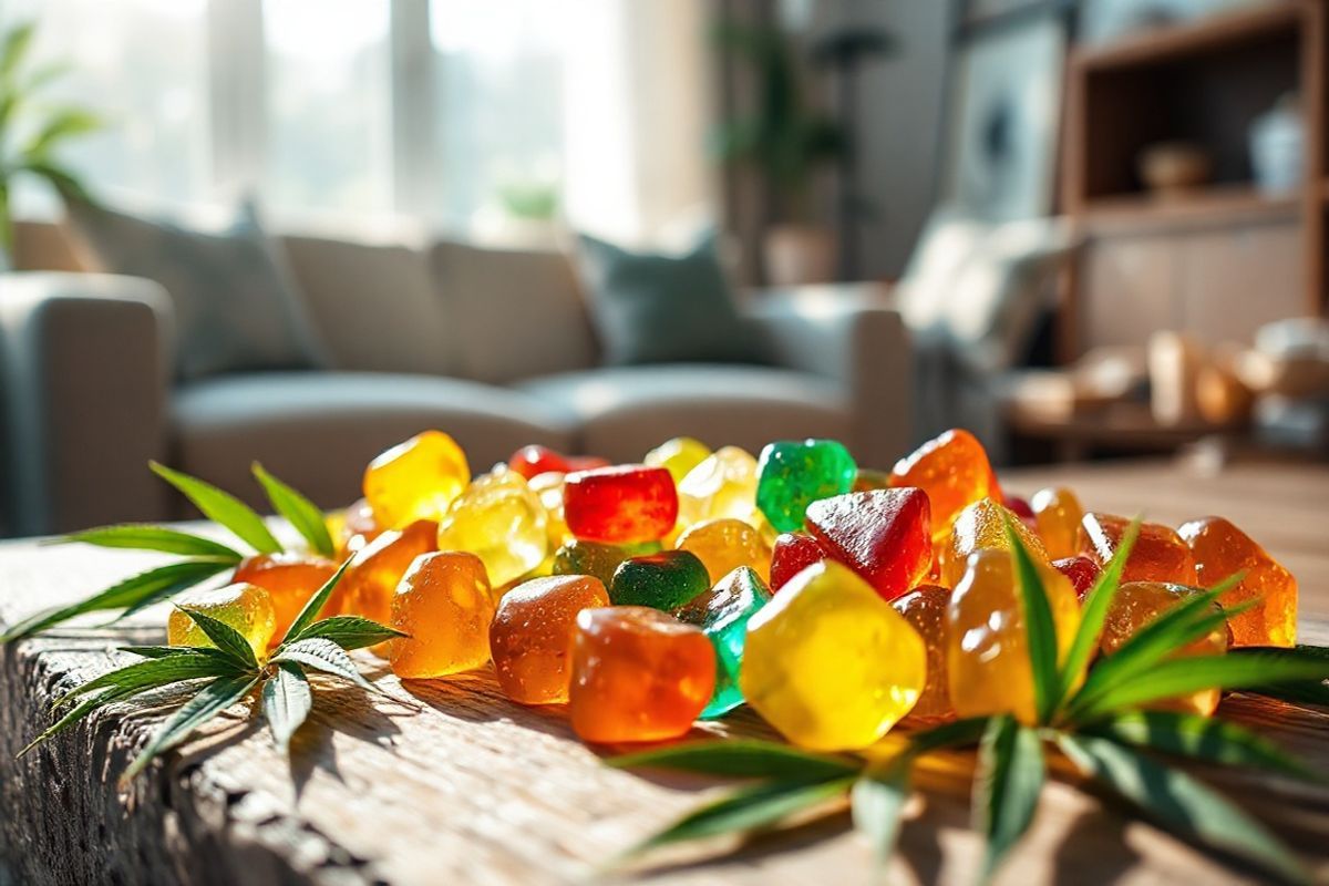 A close-up, photorealistic image of a beautifully arranged assortment of CBD gummies in various vibrant colors and shapes. The gummies are displayed on a rustic wooden table, surrounded by delicate green hemp leaves that hint at their natural origin. Sunlight filters through a nearby window, casting soft, warm light over the scene, highlighting the glossy, translucent texture of the gummies. In the background, a blurred view of a cozy living room setting is visible, with a plush couch and calming decor, evoking a sense of tranquility and relaxation. The overall composition captures the inviting and discreet nature of CBD gummies, suggesting a soothing experience for those seeking anxiety relief.
