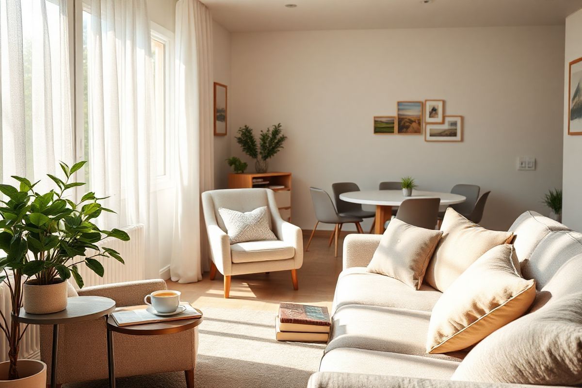 A serene and inviting living room setting that embodies a sense of comfort and support for caregivers and individuals with dementia. The room is bathed in soft, natural light streaming through large windows adorned with sheer curtains, creating a warm and peaceful atmosphere. In one corner, a cozy armchair is paired with a small side table, displaying a steaming cup of herbal tea and a well-loved book, symbolizing moments of respite for caregivers.   Nearby, a vibrant indoor plant adds a touch of life and greenery, promoting a calming environment. On the walls, gentle artwork featuring landscapes and abstract designs contributes to a tranquil ambiance without overwhelming the senses.   Soft, muted colors dominate the space, with plush cushions scattered across a comfortable sofa, inviting relaxation. A family photo sits on a shelf, evoking feelings of connection and shared memories. In the background, a small table is set up for a support group, with chairs arranged in a circle, emphasizing community and shared experiences. This image encapsulates the essence of caregiver support, emotional connection, and the importance of creating a nurturing environment for both caregivers and their loved ones.