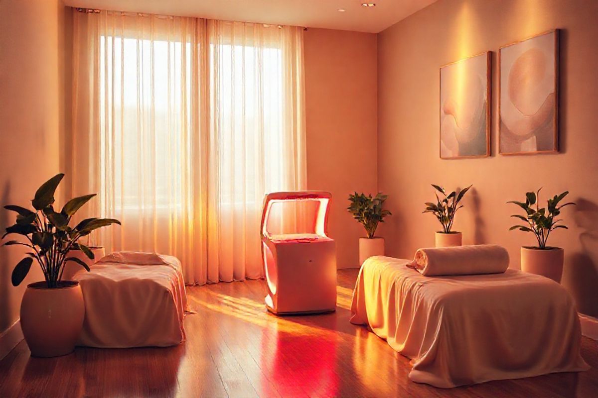 A serene and calming scene featuring a softly lit therapy room designed for red light therapy sessions. The room is bathed in a warm, golden hue, with gentle shadows cast by the soft, ambient lighting. In the center, a sleek, modern red light therapy device emits a soothing red glow, illuminating the treatment area. Surrounding the device are plush, inviting treatment chairs adorned with soft, white linens, enhancing the feeling of comfort and relaxation.   On one wall, a large window allows natural light to filter in, with sheer curtains fluttering slightly in a light breeze. Potted plants with lush green leaves are strategically placed around the room, adding a touch of nature and tranquility. The floor is a polished wooden surface, reflecting the warm tones of the room.   In the background, a subtle arrangement of calming artwork depicting abstract forms and soft colors enhances the atmosphere of healing and wellness. The overall composition conveys a sense of peace, rejuvenation, and the promise of therapeutic relief, perfectly aligning with the principles of red light therapy.