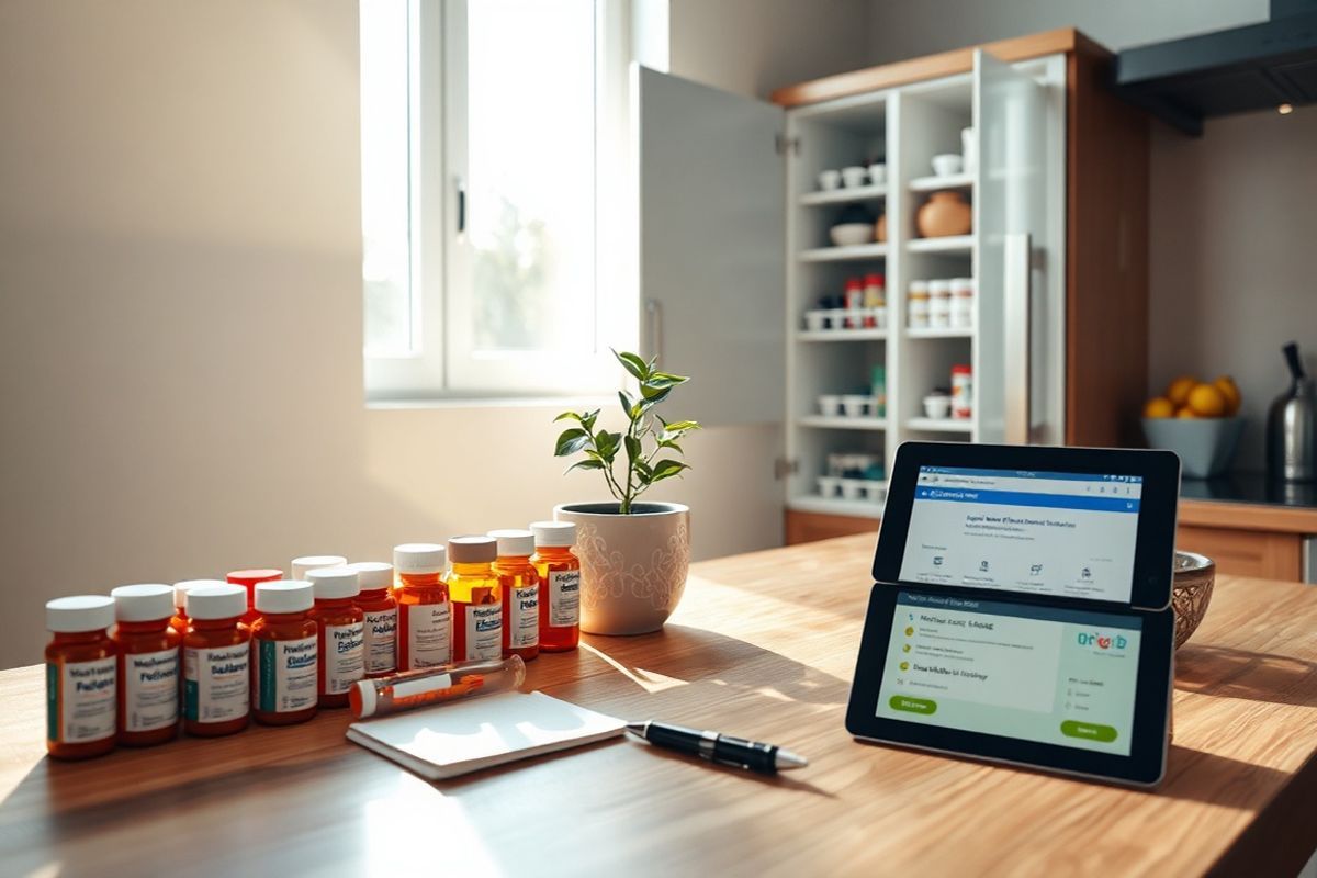 A serene and inviting scene unfolds in a well-lit kitchen, where a wooden countertop is adorned with an array of vibrant medication bottles, neatly organized and color-coded. The sunlight streams through a window, casting a warm glow over the scene, highlighting a small potted plant, symbolizing health and vitality. In the background, a sleek, modern medicine cabinet is partially open, revealing additional neatly arranged prescription medications. A decorative bowl filled with fresh fruits sits nearby, emphasizing the importance of a balanced lifestyle. On the countertop, a notepad and pen lie ready for jotting down important health notes, while a digital tablet displays a Medicare Part D plan webpage, subtly hinting at the financial management of healthcare. The overall ambiance of the kitchen is calm and nurturing, inviting viewers to reflect on the importance of managing health and medication. The image conveys a sense of proactive health management, blending the elements of medication, nourishment, and technology seamlessly, creating a harmonious environment that encourages wellness and mindful living.