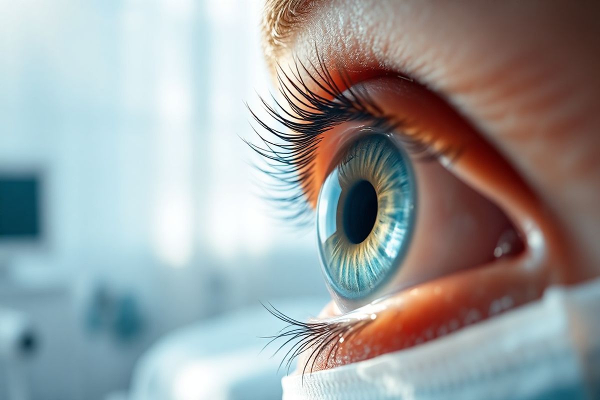A serene and photorealistic image depicting a close-up of a patient’s eye post-cataract surgery, showcasing the clarity and brilliance of the newly implanted intraocular lens (IOL). The eye is beautifully illuminated by soft, natural light, highlighting the intricate details of the iris and the smooth, transparent lens. In the background, a soft blur of a peaceful recovery room can be seen, with gentle hues of blue and white, evoking a calming atmosphere. A hint of a protective eye shield rests nearby, symbolizing the care taken during the recovery process. The focus is on the eye, radiating a sense of hope and renewal, with reflections of light dancing off the lens, suggesting improved vision and a brighter future. The image captures the delicate balance between medical precision and the beauty of human sight, emphasizing the transformative journey from cloudiness to clarity.