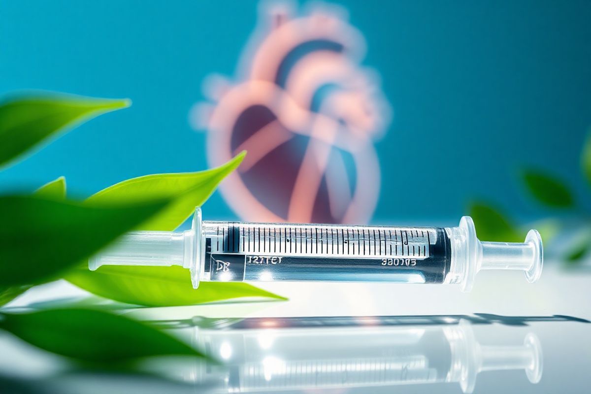A close-up view of a sleek, modern medical syringe filled with a clear, viscous solution, representing Praluent (alirocumab). The syringe is placed on a clean, reflective surface, capturing soft, diffused lighting that enhances the transparency of the fluid. In the background, a blurred image of a heart model is subtly illuminated, symbolizing cardiovascular health. Surrounding the syringe are several vibrant green leaves, signifying the importance of a healthy lifestyle in managing cholesterol levels. The overall color palette is a calming mix of blues and greens, evoking a sense of tranquility and hope. The visual composition conveys a sense of innovation and advancement in medical treatments, highlighting the transformative role of Praluent in cholesterol management.