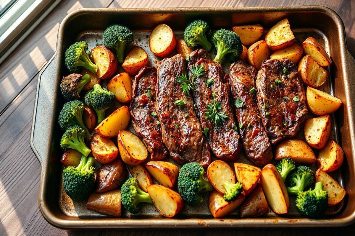 A beautifully arranged sheet pan dinner takes center stage in the image, showcasing a vibrant assortment of roasted ingredients. The pan features perfectly seared slices of juicy steak, glistening with a golden-brown crust, strategically placed alongside crispy, golden-brown potato wedges. Bright green broccoli florets are artfully scattered throughout, their edges slightly charred, adding a pop of color and texture. The background is softly blurred, emphasizing the pan, while the rich, warm tones of the roasted vegetables contrast with the deep red of the steak. A sprinkle of fresh herbs, such as rosemary and parsley, adorns the dish, enhancing its visual appeal. The surface beneath the sheet pan is rustic wood, lending an inviting, home-cooked feel, while natural light streams in from the side, casting gentle shadows and highlighting the meal’s delicious details. The overall composition evokes a sense of warmth and comfort, perfect for a high-protein, gluten-free dinner that celebrates wholesome ingredients and easy cooking.