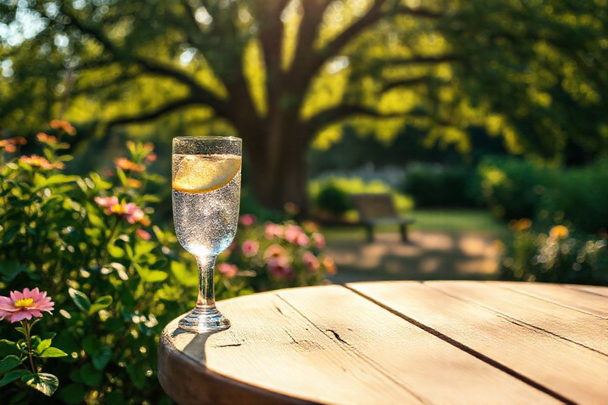 A photorealistic image captures a serene outdoor scene, featuring a tranquil garden setting bathed in soft, golden sunlight. In the foreground, a rustic wooden table is adorned with a delicate glass of sparkling water, reflecting the sunlight and adorned with a slice of lemon on the rim. Surrounding the table are lush green plants with vibrant flowers in shades of pink and yellow, creating a warm and inviting atmosphere. In the background, a gentle breeze rustles through the leaves of a large tree, casting playful shadows on the ground. The scene conveys a sense of calm and relaxation, perfect for enjoying a peaceful moment away from the stresses of daily life. The focus on the glass of water symbolizes the importance of hydration and moderation, while the lush greenery suggests a natural, healthy lifestyle. A soft blur in the background enhances the feeling of depth, allowing the viewer to feel immersed in this tranquil oasis, making it a fitting visual accompaniment to the discussion of alcohol intolerance and the importance of seeking help when needed.
