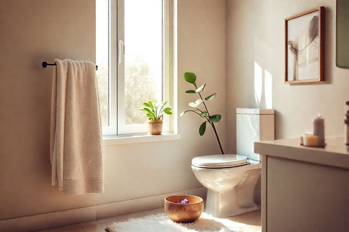 A serene and photorealistic image of a tranquil bathroom setting, designed to evoke a sense of calm and comfort for individuals dealing with ulcerative colitis. The scene features a softly lit, modern bathroom with warm, neutral tones. A plush, inviting towel hangs on a wrought-iron rack beside a sleek, white porcelain toilet. A lush green plant, such as a peace lily, sits on the windowsill, bringing a touch of nature indoors. The window is partially open, allowing gentle sunlight to stream in, creating a peaceful ambiance. On the countertop, a small, decorative bowl holds soothing essentials like lavender essential oil and a calming candle, hinting at self-care practices. The floor is adorned with a soft, fluffy rug, inviting warmth and comfort. In the background, a subtle hint of a framed abstract artwork adds a touch of sophistication without overwhelming the scene. This image captures the essence of a safe space for reflection and relaxation, symbolizing the importance of managing bowel urgency with tranquility and care.