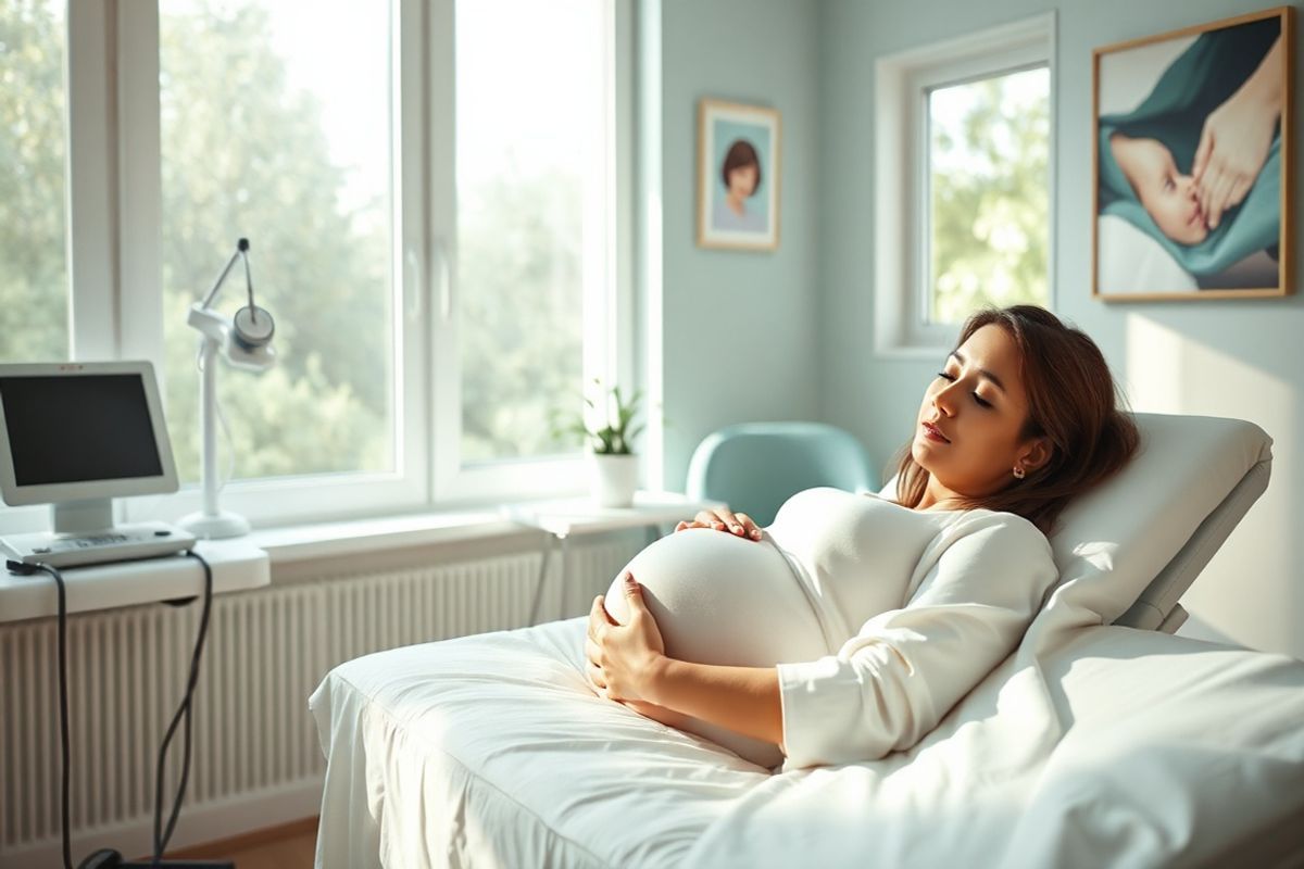 A serene and photorealistic image captures a tranquil prenatal care setting, bathed in soft, natural light filtering through large windows. In the foreground, a close-up of a pregnant woman resting on an examination table, her expression peaceful yet contemplative, highlights the importance of regular check-ups. Surrounding her, a calming palette of pastel colors—soft greens and warm whites—creates an inviting atmosphere.   The background features medical equipment, such as a blood pressure monitor and ultrasound machine, subtly indicating the monitoring of maternal health. A potted plant sits on a nearby shelf, symbolizing growth and hope. On the walls, gentle abstract art evokes a sense of safety and serenity, complementing the nurturing environment.   The image also includes a stethoscope draped casually over a chair, suggesting the attentive care provided by healthcare professionals. In the corner, a window displays a peaceful view of a garden, representing the connection between maternal health and the natural world. This composition embodies the themes of vigilance, care, and the importance of recognizing the signs of complications during pregnancy.