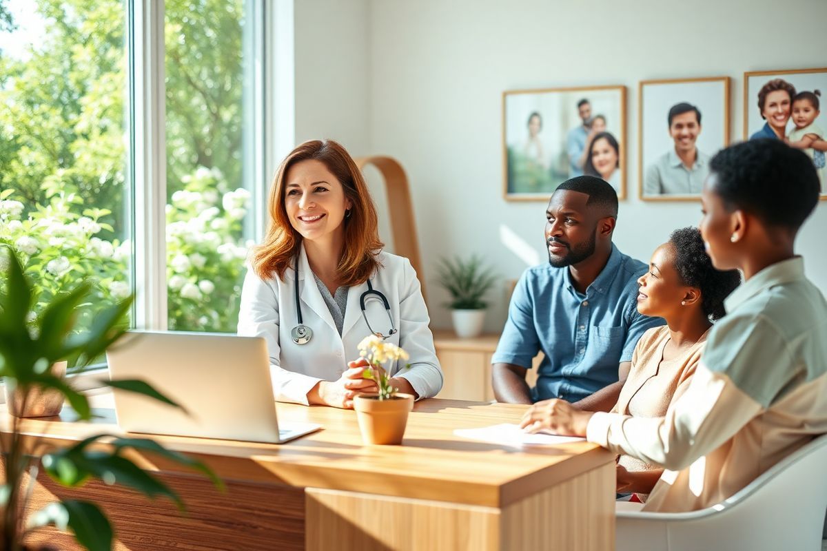 A serene and inviting scene unfolds in a bright, well-lit medical office, where a diverse group of patients and healthcare professionals engage in conversation. The central focus is a friendly genetic counselor, a middle-aged woman with warm brown hair, seated at a modern wooden desk adorned with a small potted plant and a laptop. She is attentively listening to a young couple, a Caucasian man and an African American woman, who are seated across from her, their expressions a mix of curiosity and concern. Behind them, a large window reveals a lush green garden outside, filled with blooming flowers and sunlight streaming in, symbolizing hope and new beginnings. The walls are decorated with framed images of DNA strands and healthy family portraits, creating an atmosphere of professionalism and comfort. Soft, neutral colors dominate the decor, enhancing the calming ambiance of the space. This image captures the essence of support and understanding in the context of genetic testing and counseling, inviting viewers into a moment of crucial healthcare decision-making.