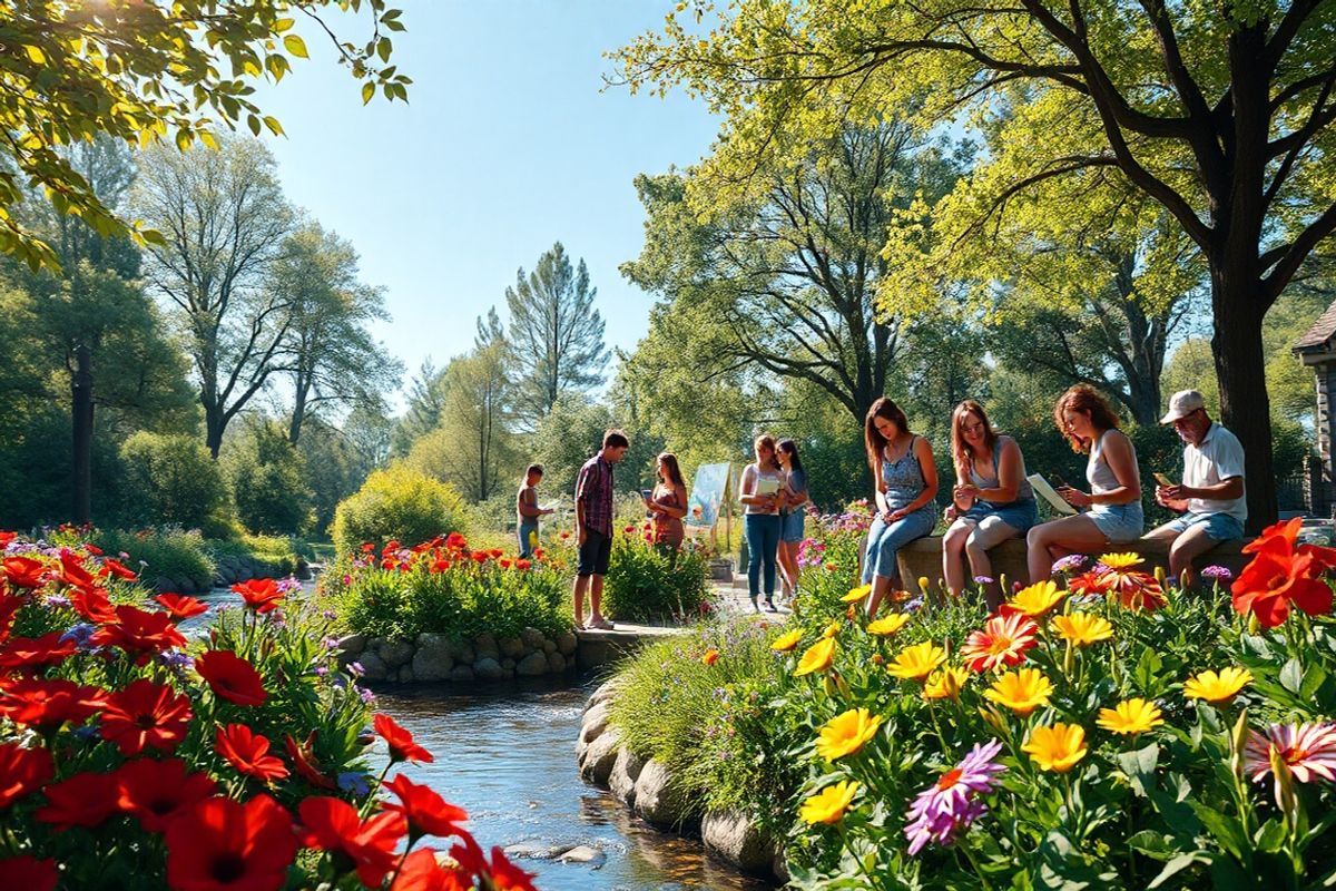 A photorealistic image depicting a serene, sunlit garden setting that symbolizes diversity and acceptance. The foreground features a lush array of vibrant flowers in various colors—reds, blues, yellows, and purples—symbolizing the spectrum of intersex variations. In the background, a gentle stream flows, reflecting the clear blue sky, and the soft rustling of leaves from a variety of trees adds a calming ambiance. A diverse group of individuals, representing different ages, ethnicities, and genders, are seen interacting joyfully in this inclusive space. They are engaging in activities like planting flowers, painting, and sharing stories, embodying a sense of community and support. The overall atmosphere is one of harmony and celebration of uniqueness, with sunlight filtering through the trees, casting dappled shadows on the ground, enhancing the feeling of warmth and acceptance. This image captures the essence of understanding and supporting intersex individuals, highlighting the beauty of diversity in human experiences.