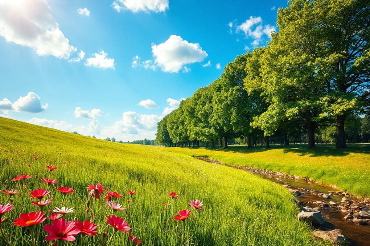 A serene and photorealistic depiction of a tranquil landscape, showcasing a lush green meadow under a bright blue sky, dotted with fluffy white clouds. In the foreground, vibrant red and pink wildflowers bloom, their petals glistening with morning dew. To the side, a gentle stream flows, reflecting the sunlight and surrounded by smooth stones. In the background, a row of majestic trees stands tall, their leaves a rich shade of green, casting soft shadows on the ground. The scene is peaceful and inviting, embodying a sense of calm and vitality. A warm golden sunlight bathes the entire landscape, enhancing the colors and creating a harmonious atmosphere that promotes healing and well-being. This picturesque setting symbolizes the connection between nature and health, making it an ideal visual complement to the themes of psoriatic arthritis and the importance of lifestyle changes in managing the condition.
