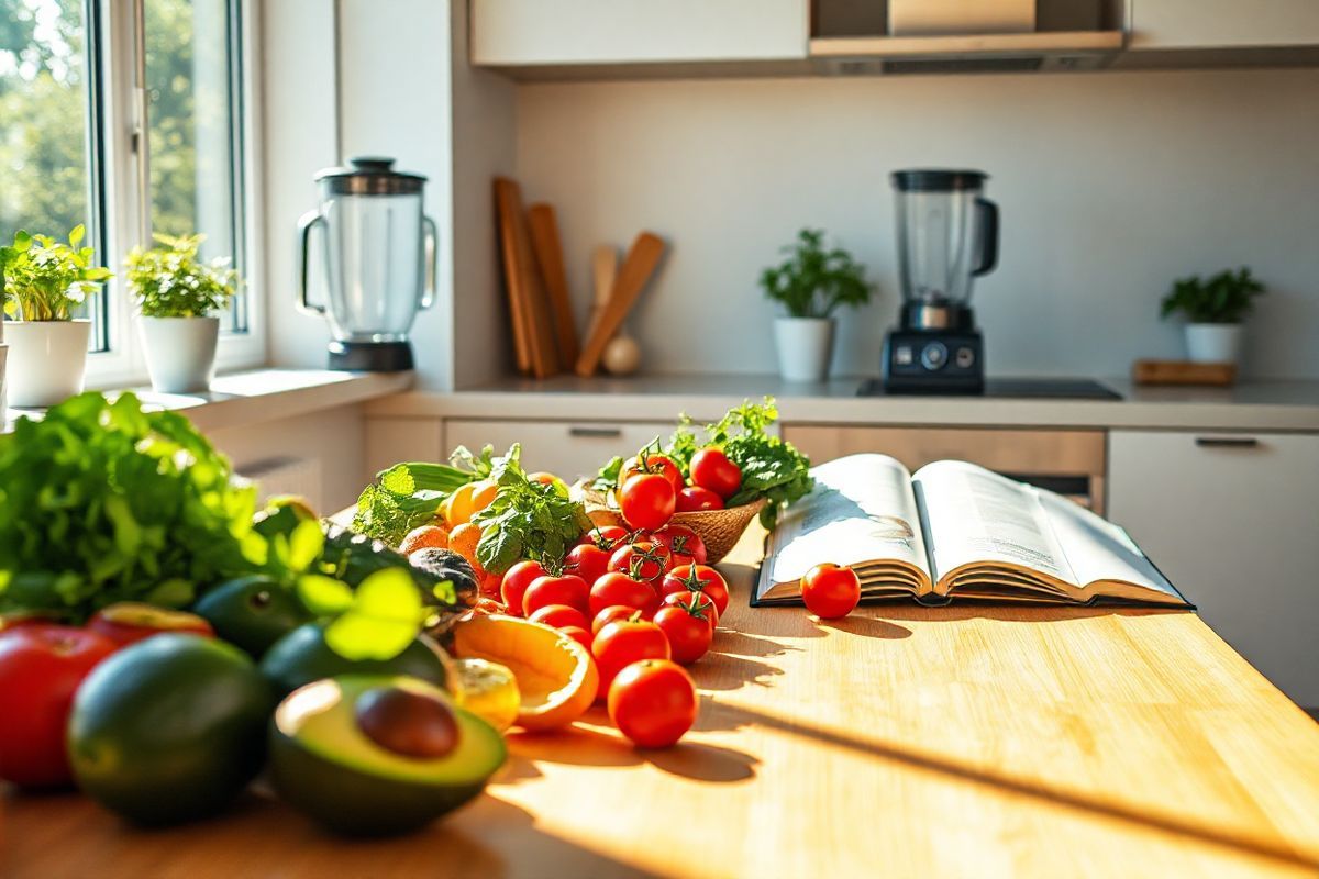 A photorealistic image captures a serene and inviting kitchen scene, symbolizing a healthy lifestyle. The focal point is a modern, bright wooden dining table adorned with a vibrant array of fresh fruits and vegetables, including ripe avocados, bright red tomatoes, and leafy greens, all arranged artfully. Sunlight streams through a large window, casting warm, natural light that highlights the textures of the produce. In the background, a sleek countertop displays a high-quality blender and a cookbook open to a page featuring a nutritious recipe. Potted herbs, such as basil and rosemary, sit on the windowsill, adding a touch of greenery and freshness. The overall atmosphere is one of warmth and health, encouraging a sense of well-being and the importance of nutritious eating habits. The scene is tranquil, evoking feelings of comfort and the joy of cooking, making it a perfect visual complement to the themes of weight management and healthy living discussed in the article.