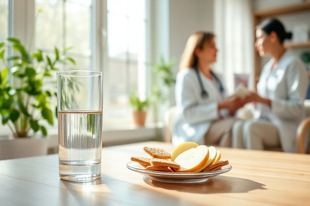 A photorealistic decorative image showcasing a serene, sunlit healthcare setting. In the foreground, a glass of clear water sits on a wooden table alongside a small plate of light, healthy snacks, such as sliced apples and whole-grain crackers, symbolizing dietary adjustments for managing medication side effects. In the background, a softly blurred image of a healthcare professional discussing with a patient, highlighting the importance of communication in treatment. The room is filled with natural light streaming through large windows adorned with leafy green plants, creating a calming atmosphere. The colors are warm and inviting, with shades of light green, soft beige, and pale blue, evoking a sense of well-being and tranquility. This composition reflects the theme of health management and support, resonating with the overall message of the article about navigating side effects of Genvoya.