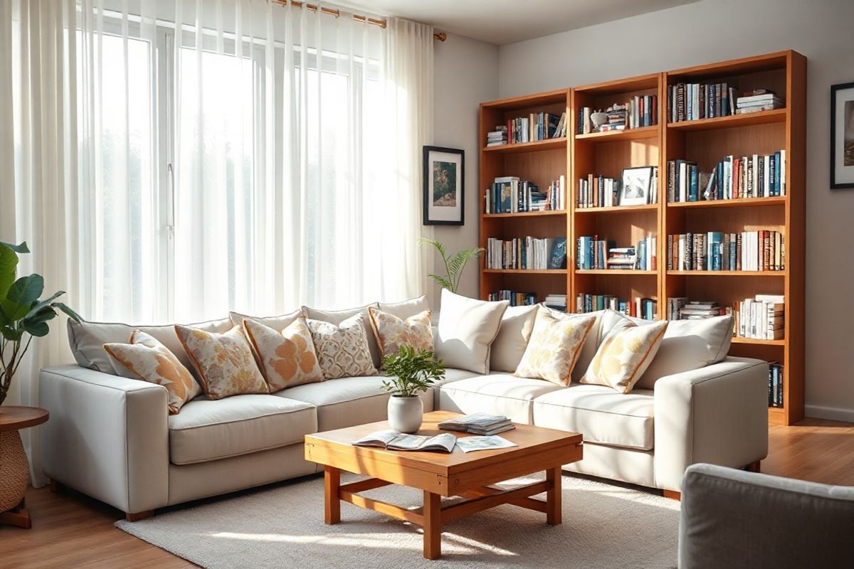 A serene and inviting scene depicting a cozy family living room with soft, natural lighting filtering through large windows adorned with sheer white curtains. In the foreground, a plush, light-colored sofa with colorful throw pillows sits beside a wooden coffee table scattered with genetic counseling brochures and a small potted plant. On the wall, framed family photos capture moments of joy and connection, symbolizing the importance of family planning. In the background, a warm wooden bookshelf filled with books on genetics, health, and wellness creates an atmosphere of knowledge and support. A soft area rug lies beneath the coffee table, inviting warmth and comfort. The overall color palette features soft pastels and earthy tones, creating a calming environment that reflects the emotional journey of understanding thalassemia traits and the supportive role of genetic counseling. The image captures a sense of hope, love, and togetherness, encouraging dialogue and decision-making around family planning in a nurturing home setting.