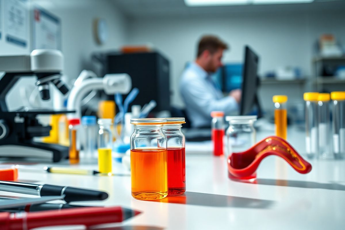 A photorealistic image depicting a close-up view of a laboratory setting focused on the diagnosis and treatment of Thrombotic Thrombocytopenic Purpura (TTP) and thrombocytopenia. The foreground showcases a neatly organized lab bench with glass vials containing vibrant red and yellow solutions, symbolizing blood components and plasma. Scattered around are detailed medical instruments such as a microscope, pipettes, and test tubes, reflecting the precision of hematological analysis. In the background, a softly blurred view of a healthcare professional in a lab coat, intently analyzing data on a computer screen, adds a human element to the scene. The lighting is bright and clinical, emphasizing cleanliness and order, while subtle reflections on the bench’s surface enhance the realism. A portion of the image captures an anatomical model of a blood vessel, illustrating the concept of thrombus formation within. The overall composition conveys a sense of urgency and expertise, inviting viewers to contemplate the complexities of blood disorders and the importance of medical intervention.