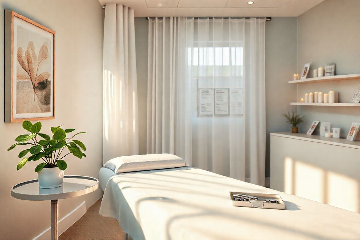 A serene, photorealistic image depicting a tranquil gynecological clinic’s examination room. The room features soft, warm lighting that creates a calming atmosphere. In the center, a comfortable examination table covered with a crisp white sheet is flanked by plush cushions. A small potted plant with vibrant green leaves sits on a sleek, modern side table, adding a touch of nature to the space. On the walls, soothing pastel colors blend harmoniously, complemented by framed abstract art that evokes a sense of peace. A medical instrument tray, neatly organized with essential tools, is positioned nearby, and a gentle breeze wafts through a partially open window, causing sheer white curtains to flutter softly. In the background, a bulletin board displays informative pamphlets about women’s health, while a few candles flicker on a shelf, enhancing the inviting ambiance. This image captures the essence of care, comfort, and professionalism, making it an ideal visual representation for discussions surrounding women’s health and the importance of early detection of conditions like vaginal cancer.