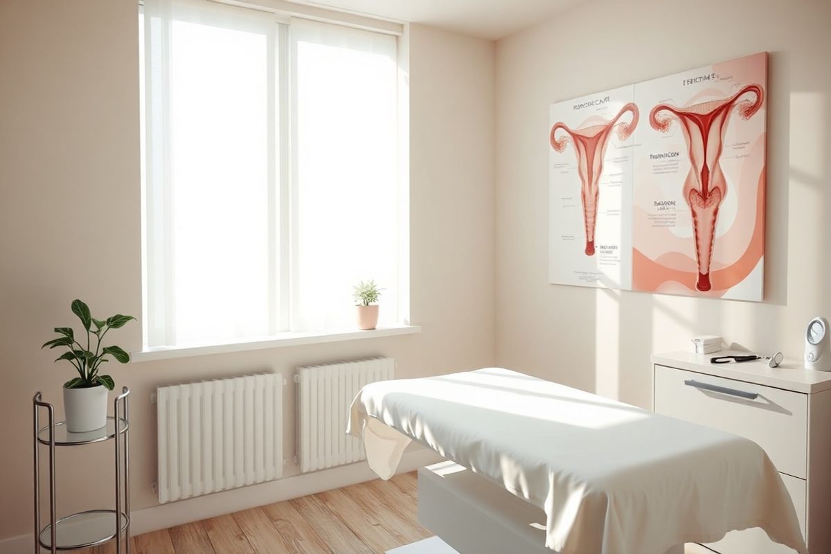A serene, softly lit gynecological examination room is depicted in the image, exuding a sense of calm and professionalism. The room features a comfortable examination table draped in crisp white linens, surrounded by soothing pastel-colored walls that promote a tranquil atmosphere. A large window allows natural light to filter in, illuminating the space with a warm glow.   On one side, a small potted plant adds a touch of greenery, symbolizing health and vitality. Medical instruments are neatly arranged on a nearby countertop, showcasing a stethoscope, speculum, and gloves, emphasizing the clinical setting. A poster on the wall displays anatomical illustrations of the female reproductive system, providing educational context without being overwhelming.   In the background, a soft, abstract painting with gentle curves and flowing lines suggests the delicate nature of women’s health. The overall ambiance is inviting and reassuring, aiming to comfort patients as they navigate their health concerns. The image captures a moment of care and attention, reflecting the importance of awareness and early detection in women’s health, particularly in relation to conditions like vaginal cancer.