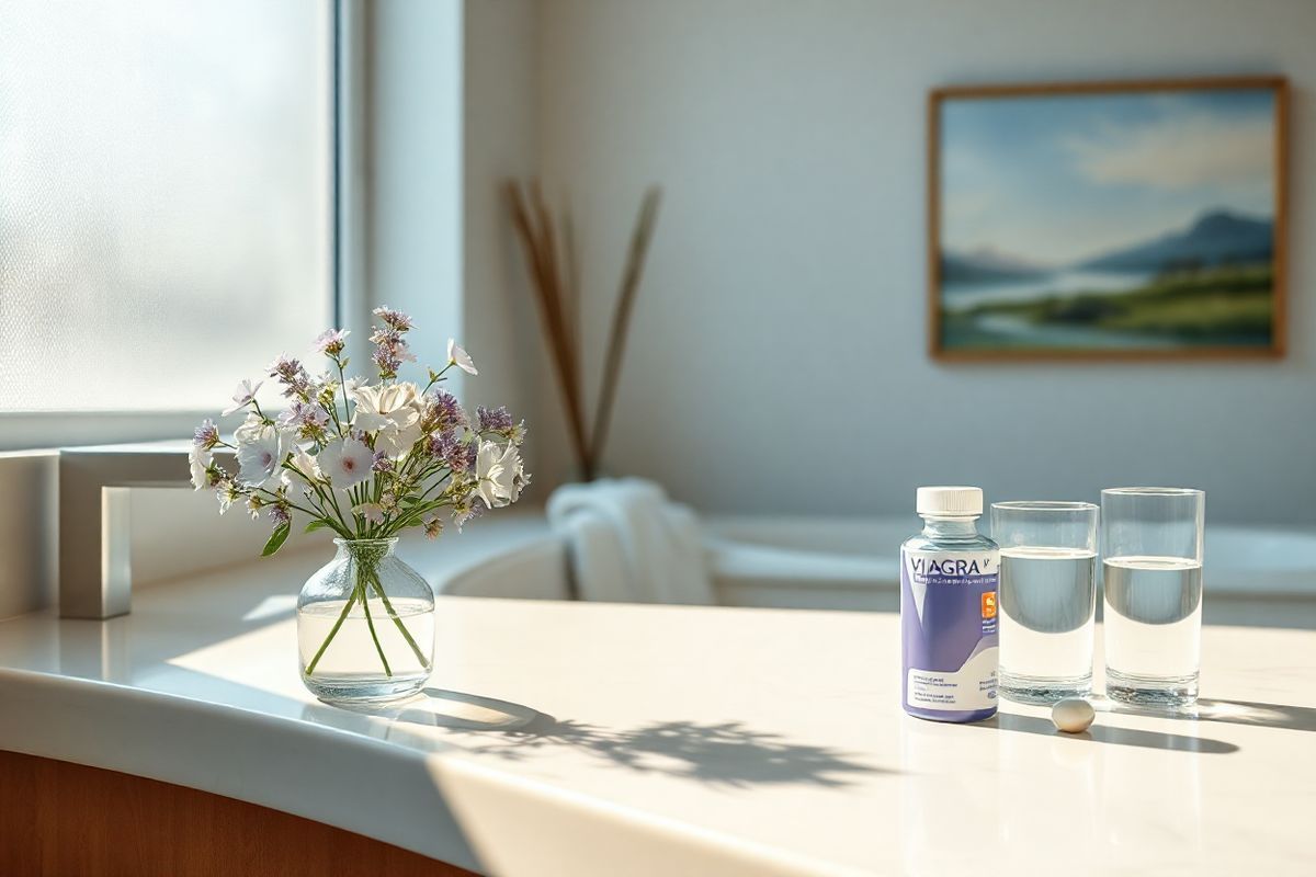 A photorealistic image depicting a serene, elegantly styled bathroom setting that conveys a sense of relaxation and wellness. In the foreground, a sleek, modern countertop holds a small, tasteful arrangement of white and lavender flowers in a simple glass vase. To the right, a stylish bottle of Viagra and a generic sildenafil pill bottle sit next to a glass of water, emphasizing the context of health and well-being. The background features a large, frosted window allowing soft, natural light to filter through, casting gentle shadows and creating a warm ambiance. On the opposite wall, a tasteful painting of a tranquil landscape adds a touch of artistry to the environment. The overall color palette is soothing, with soft whites, muted blues, and gentle greens, promoting a calming atmosphere. The image captures a moment of self-care, inviting the viewer to reflect on the importance of health and wellness in their daily lives.