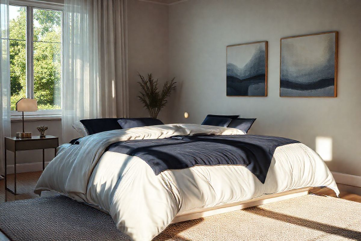 A photorealistic image of a serene, softly lit bedroom setting. The focus is on a plush, neatly made king-size bed adorned with luxurious white and navy blue bedding, accentuated by a few decorative pillows. To one side of the bed, a sleek nightstand holds a small, elegant lamp emitting a warm glow, casting gentle shadows across the room. On the opposite wall, a tasteful piece of abstract art in calming colors adds a modern touch. In the background, a window reveals a tranquil view of a lush garden, allowing natural light to filter in, enhancing the peaceful ambiance. The floor is covered with a soft, textured area rug, and a light breeze gently rustles the sheer curtains, creating a sense of warmth and comfort. Overall, the scene conveys relaxation, intimacy, and a welcoming atmosphere, making it a perfect backdrop for discussions about personal well-being and health.